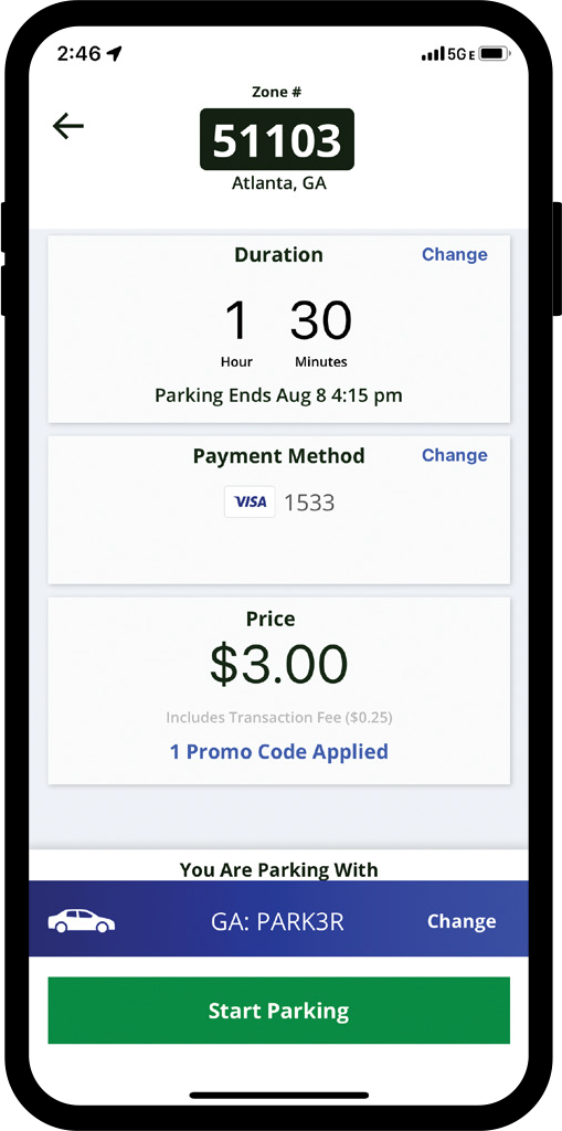 ParkMobile Step 3 - Confirm your details including duration, payment, method, and vehicle, and then start your session.