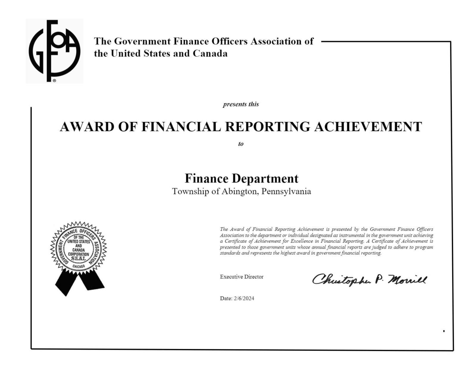 Award of Financial Reporting Achievement