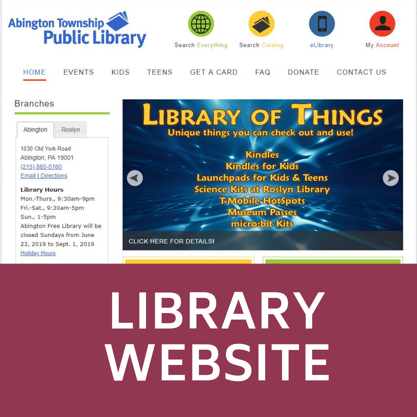 Image of Libary website that links to the Library website