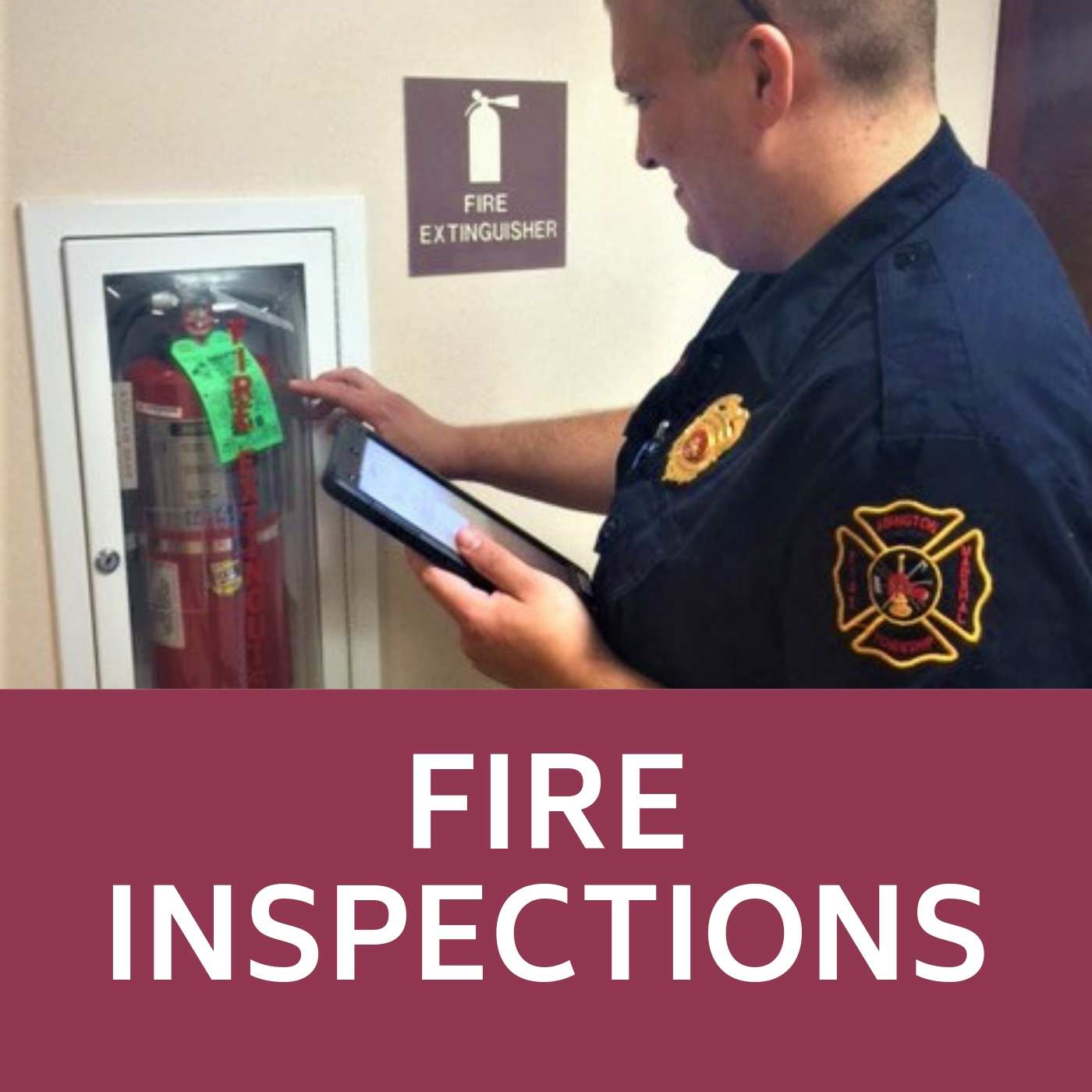 Image of Fire Extinguisher being inspected that links to the Fire Inspections web-page.