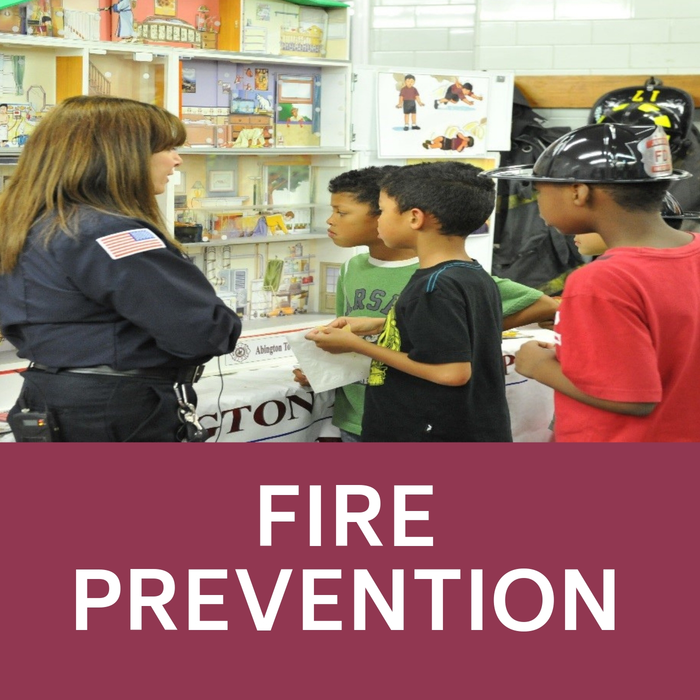 Students learning about fire safety that links to the Fire prevention web-page.