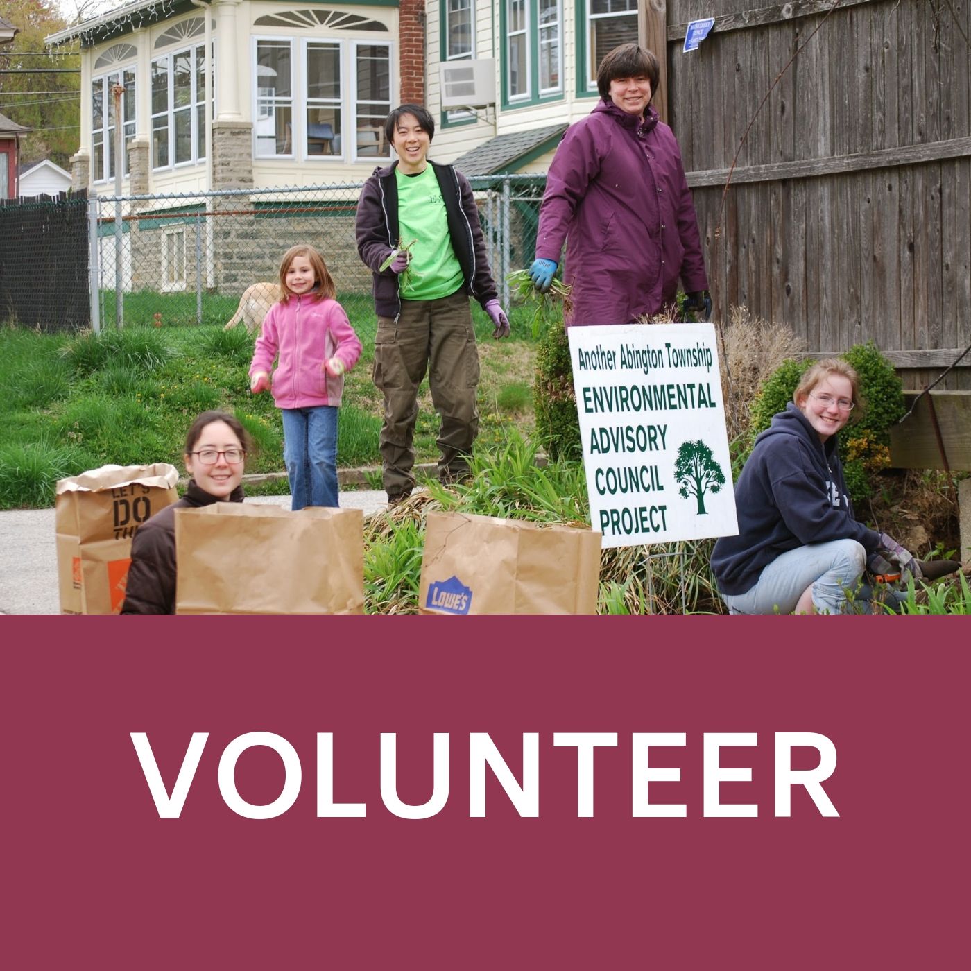 Picture of volunteers doing lawn work that redirects to information about volunteering with the EAC.