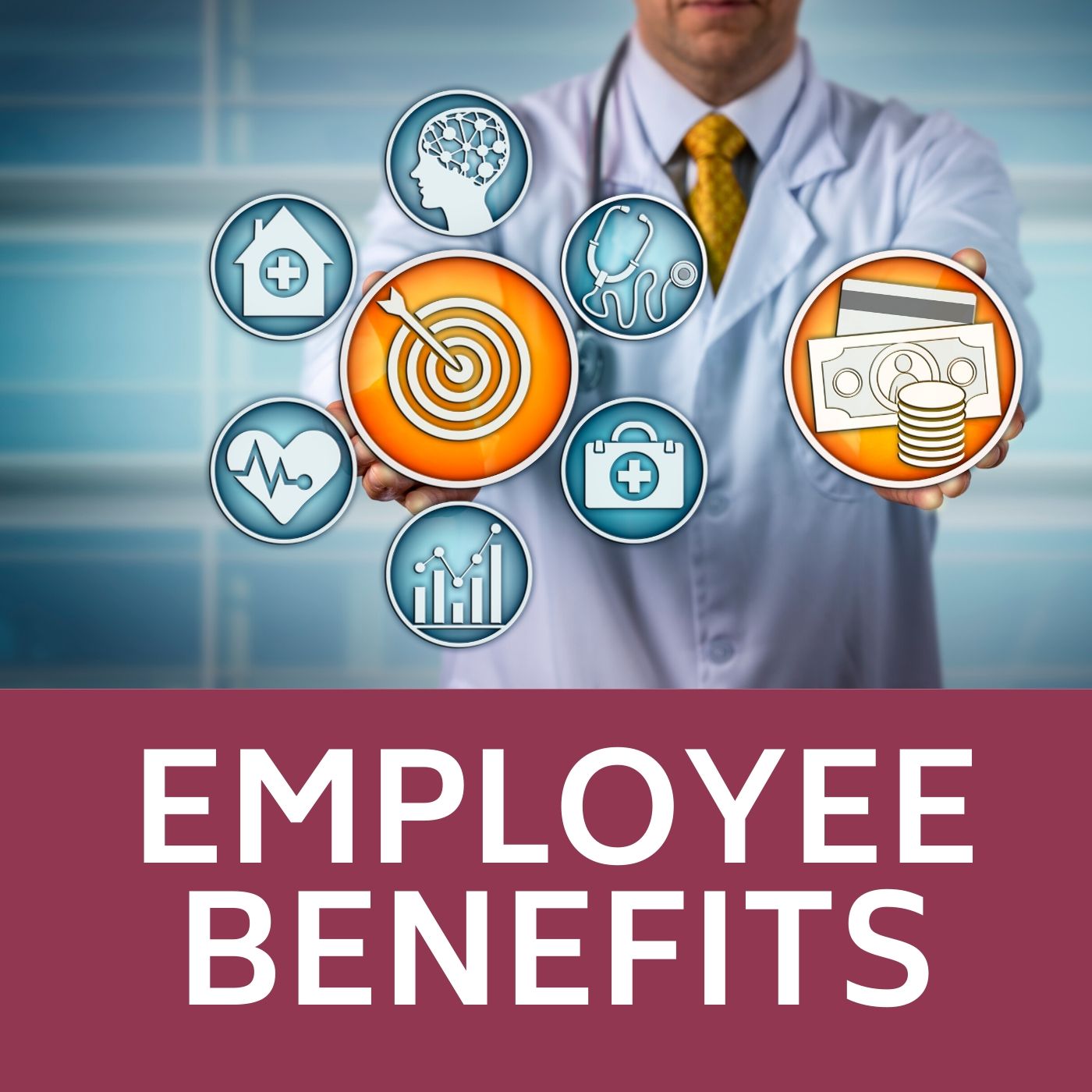 Image of doctor with icons of employee benefits that redirects to the employee benefist webpage.