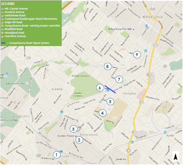 Map depicting Easton Road Signals that will be updated.