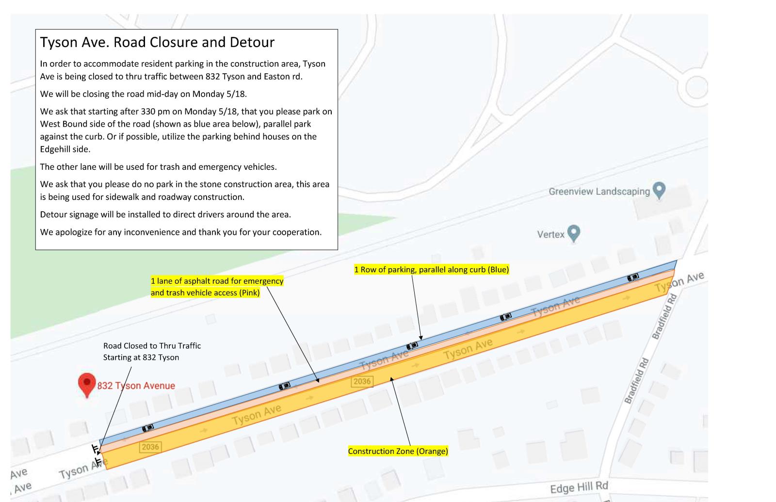 Tyson Avenue Road Closure and Detour Image from 832 Tyson Avenue to Bradfield Road 