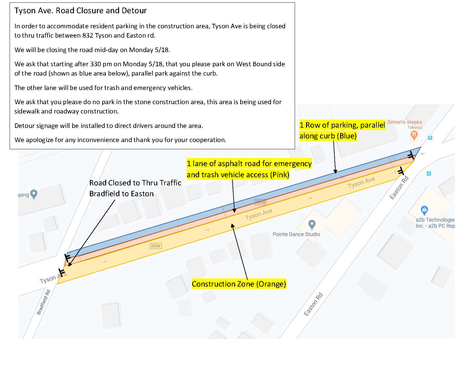 Tyson Ave Road Closure and Detour from Bradfield to Easton Roads