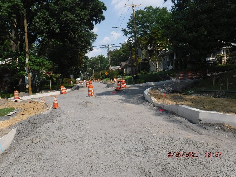 Roadway and curb construction at the intersection of Edge Hill Road and Edgecomb Avenue