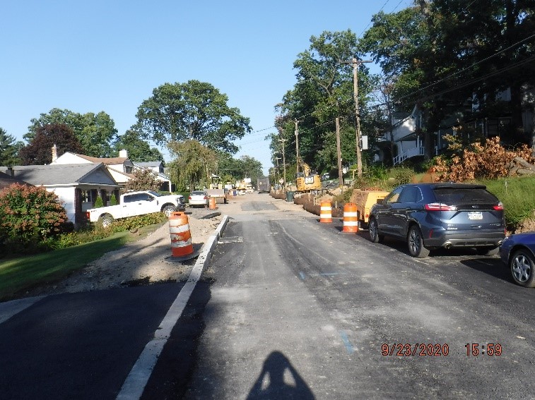 New roadway and curb construction on Edge Hill Road looking east towards Custer Avenue