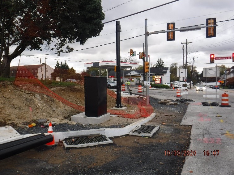 New traffic signal controller cabinet and pole at the intersection of Tyson Ave. and Jenkintown Road